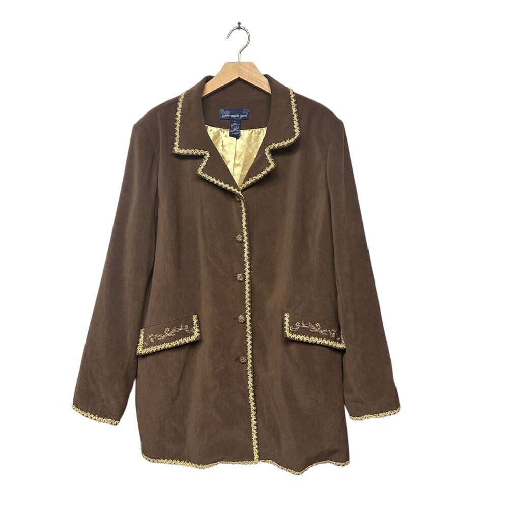 Susan Graver Blazer Long Bohemian Shabby Chic Brown Embroidered Floral Sz XL